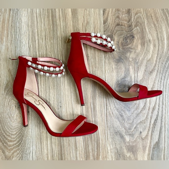 Pearl Holiday Jessica Simpson Embla Size 8 Women’s 4’ High Heel Berry Red LNC - Picture 1 of 5